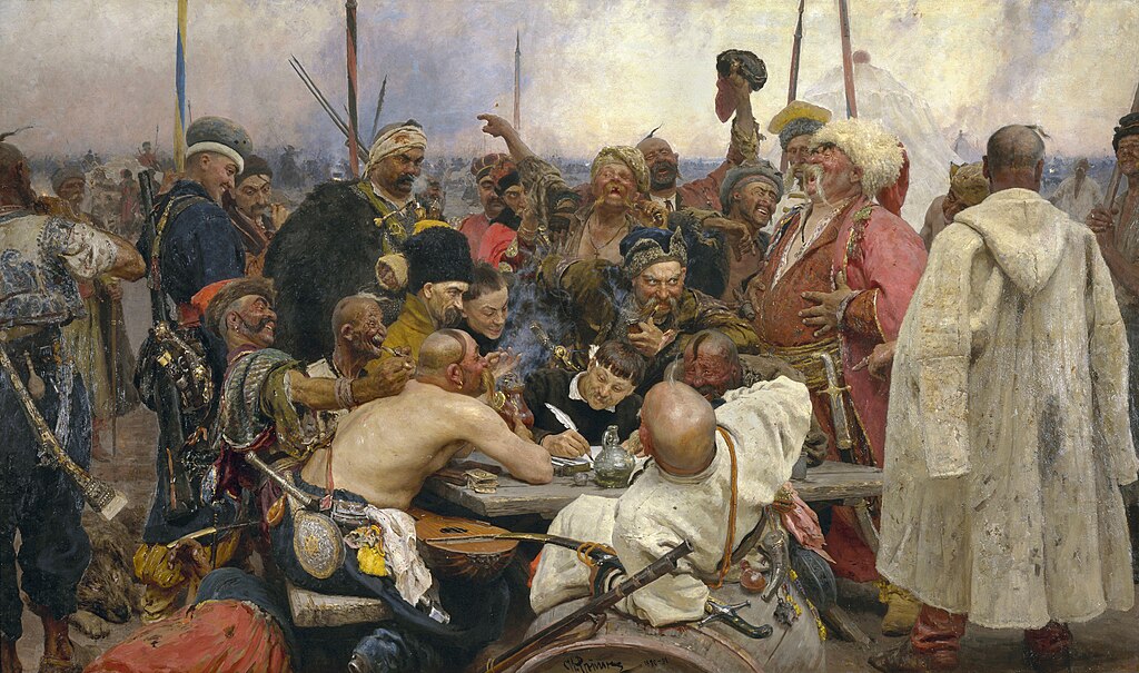 The Zaparozhye Cossacks Writing a Mocking Letter to the Turkish Sultan 
*oil on canvas 
*358 Г— 203 cm 
*signed b.c.: Р.Р РµРїРёРЅ 1880-91